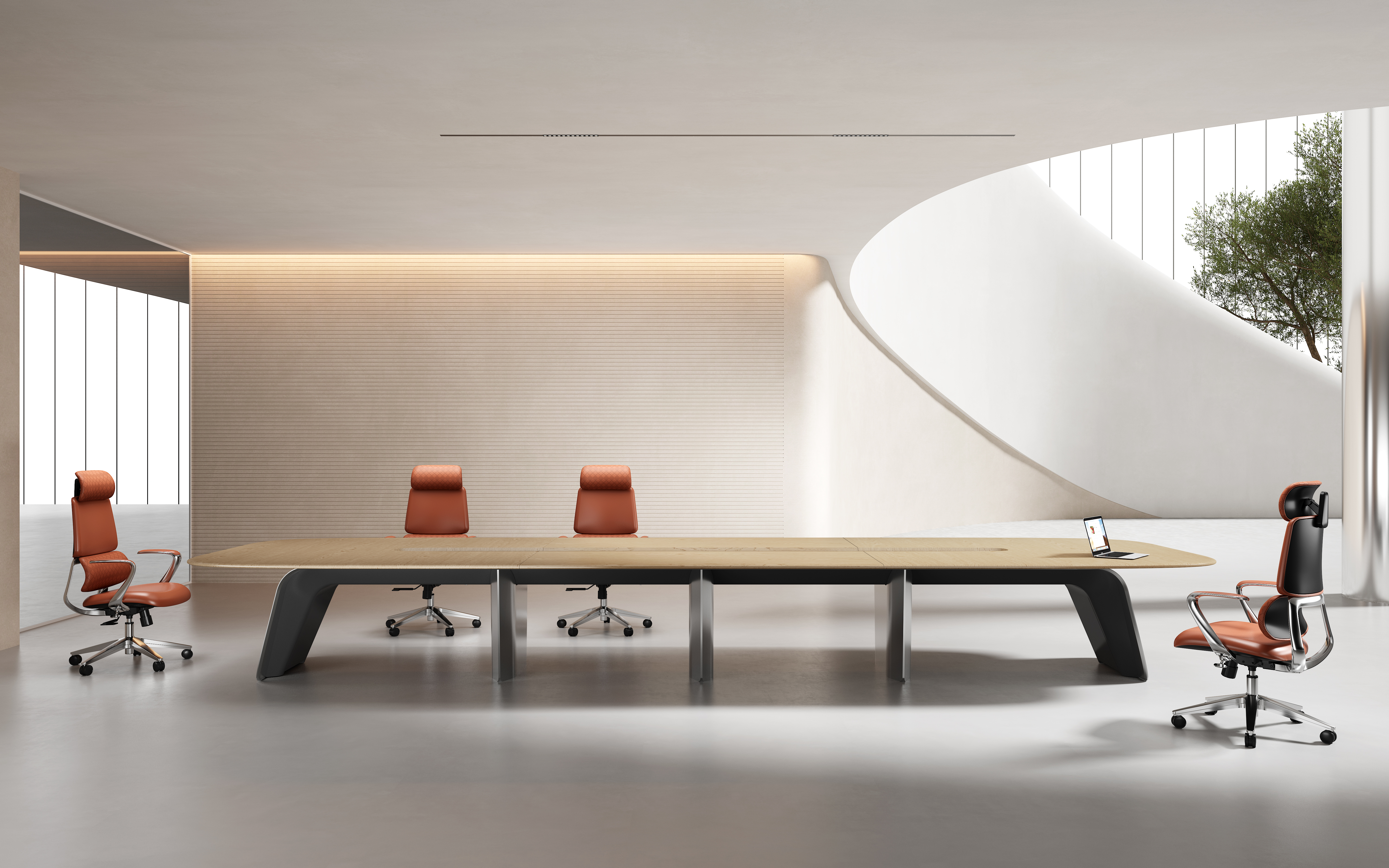 Modern Minimalist Large Conference Table with Wire Management Slot, Light Wood Veneer Top & Metal Legs, Luxury Executive Meeting Desk for Office Boardroom 