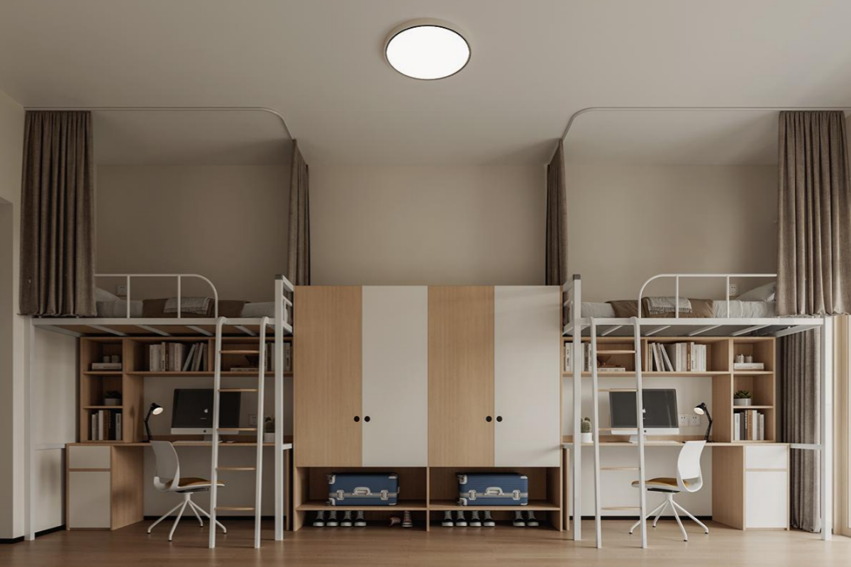 come first.” Deeply aligned with the campus context, all commercial furniture configurations were developed around three key standards: environmental safety, durability, and comfort. From material selection to functional design, the process followed a human-centered logic, aiming to create campus spaces that support both comfortable living and engaged learning.  Xiangshi Furniture Group × Beijing Institute of Technology  Dormitory Space: Balancing Eco-Friendly Materials with Spatial Efficiency