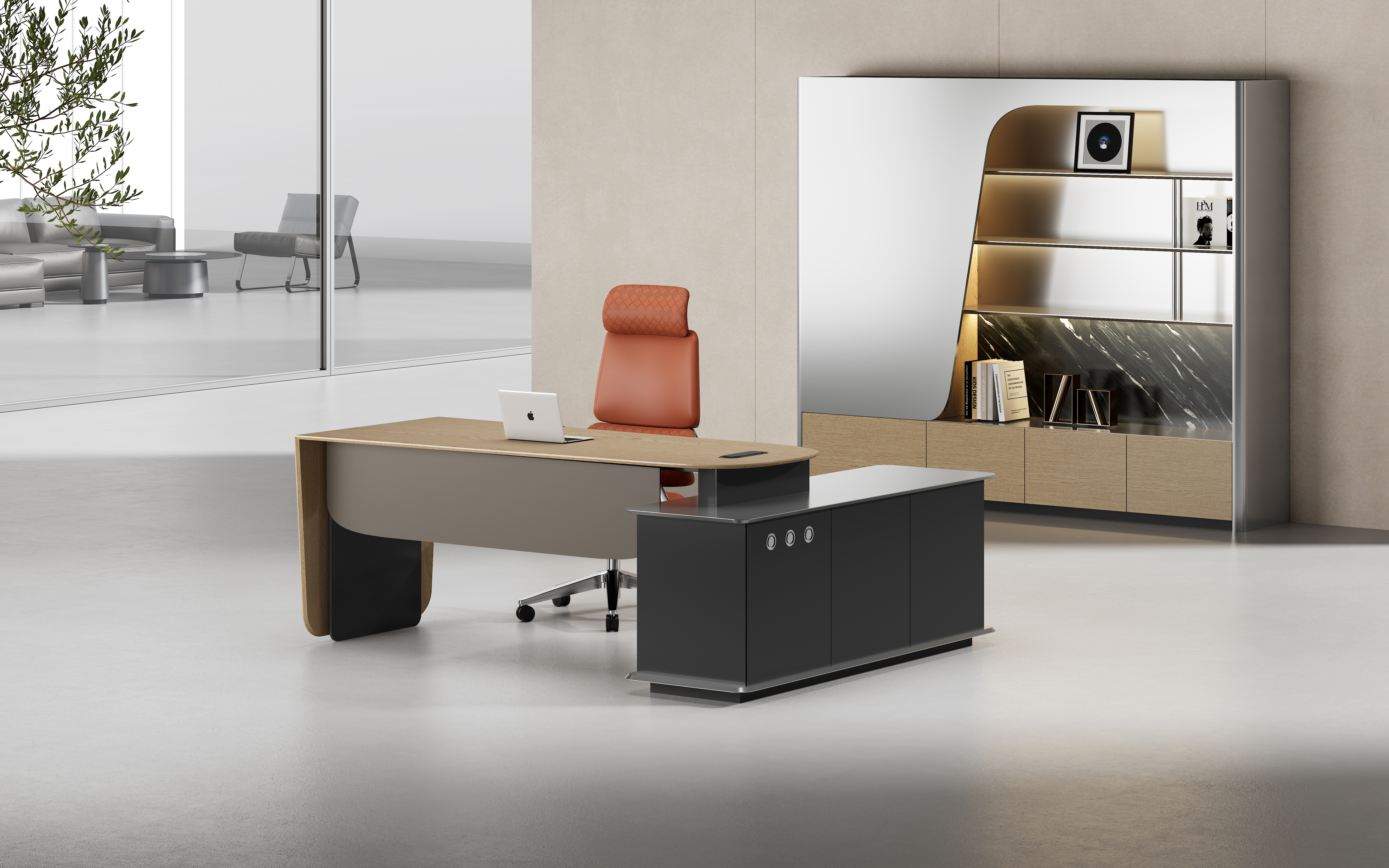 Premium Light Luxury Office Credenza, Modern Display Cabinet with Marble Accent, LED Lighting & Natural Oak Base 
