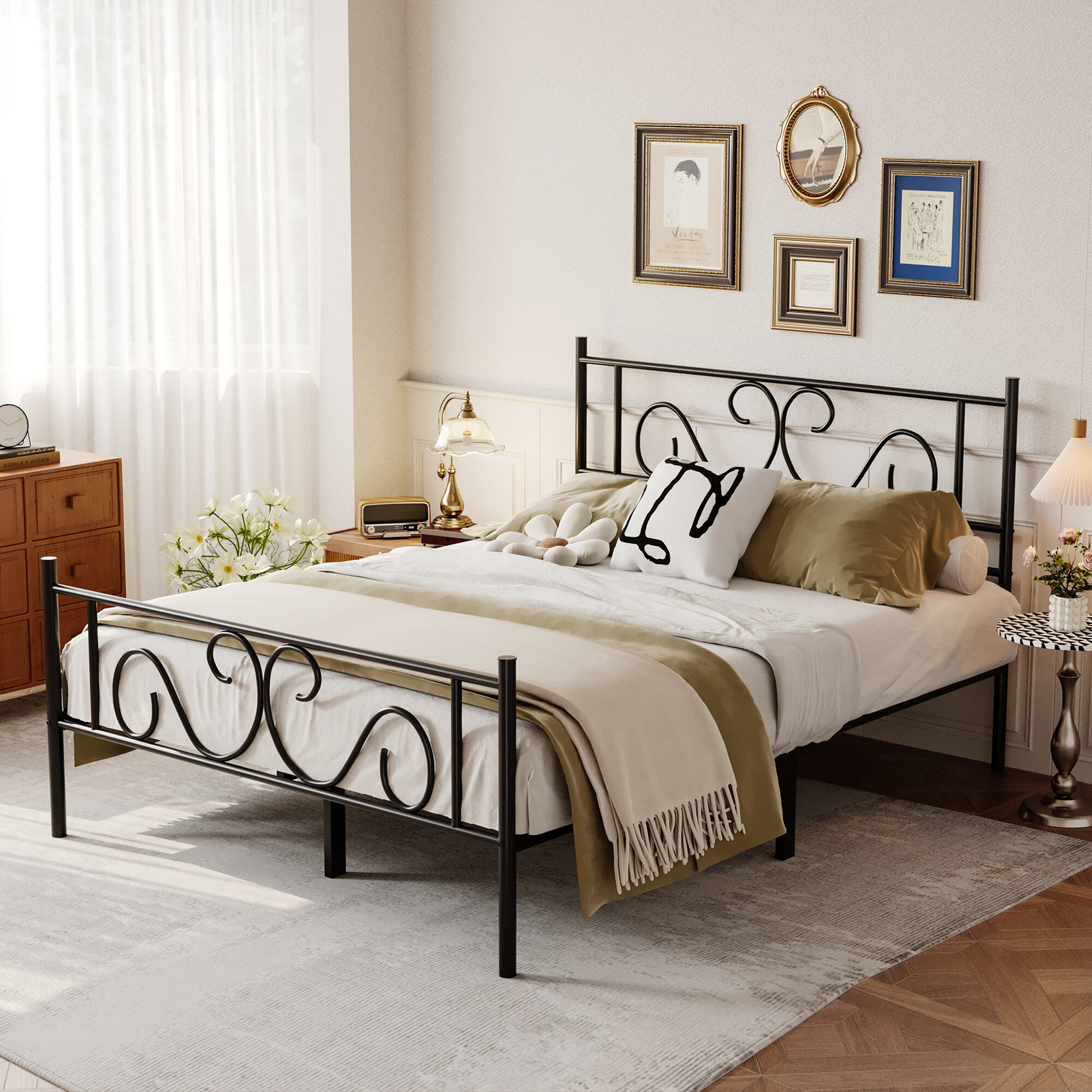 Modern Durable Heavy Duty Metal Platform Bed Frame Wooden Headboard Footboard Full Size No Box Spring Needed Safe for Hotel
