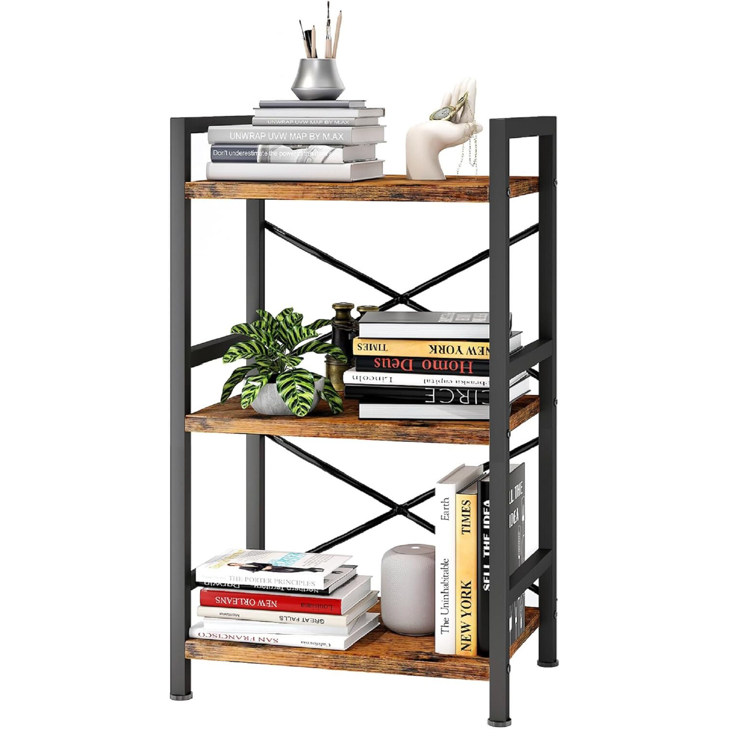 Homeiju Bücherregal, 3-fach Industrie-Bücherregal, kleines Metallbücherregal, rustikales Bücherregal mit Speicherorganisator für Wohnzimmer, Schlafzimmer und Homeoffice (rustikales Braun)