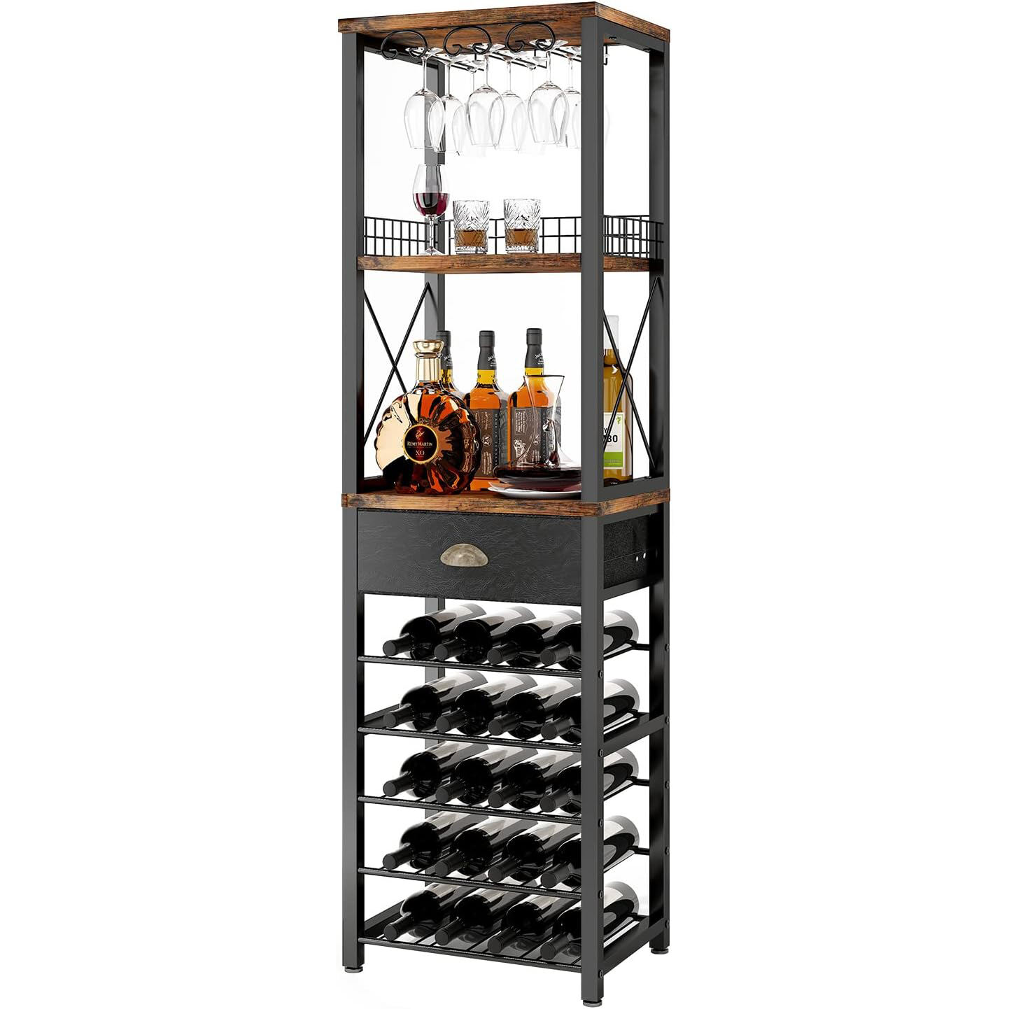 Homeiju Weinkeller Freistehendes Bodenmodell, Bar-Schrank für Spirituosen und Gläser, 4-fachiger Bar-Schrank mit Tischplatte, Glas Halter, Ablagefach und Weinablage fürs Wohnzimmer