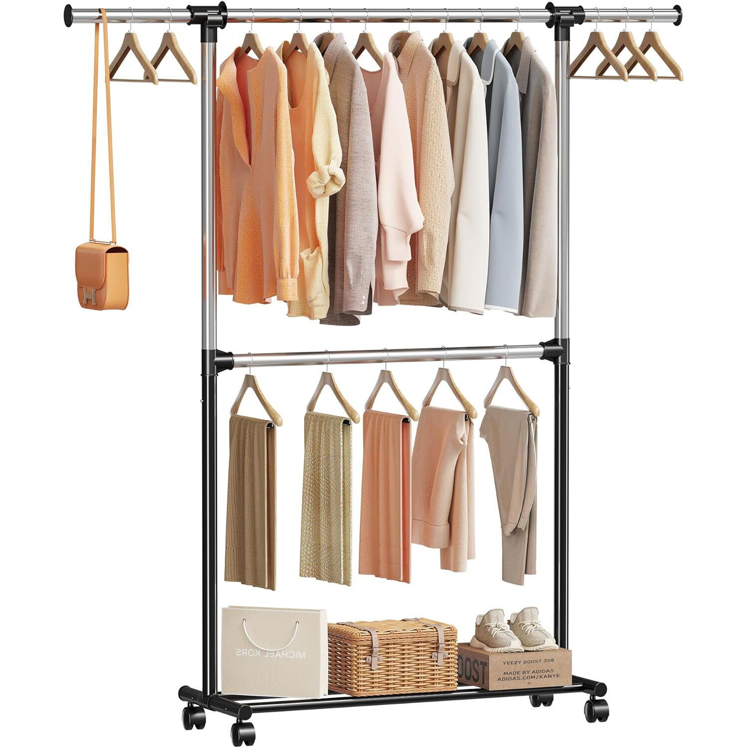 Homeiju Rollender Kleiderständer für hängende Kleidung, Doppeltroddel rollender Kleidungsorganisator, Metall-Kleidungsorganisator mit sperrbaren Rädern, verlängerbar, schwarz