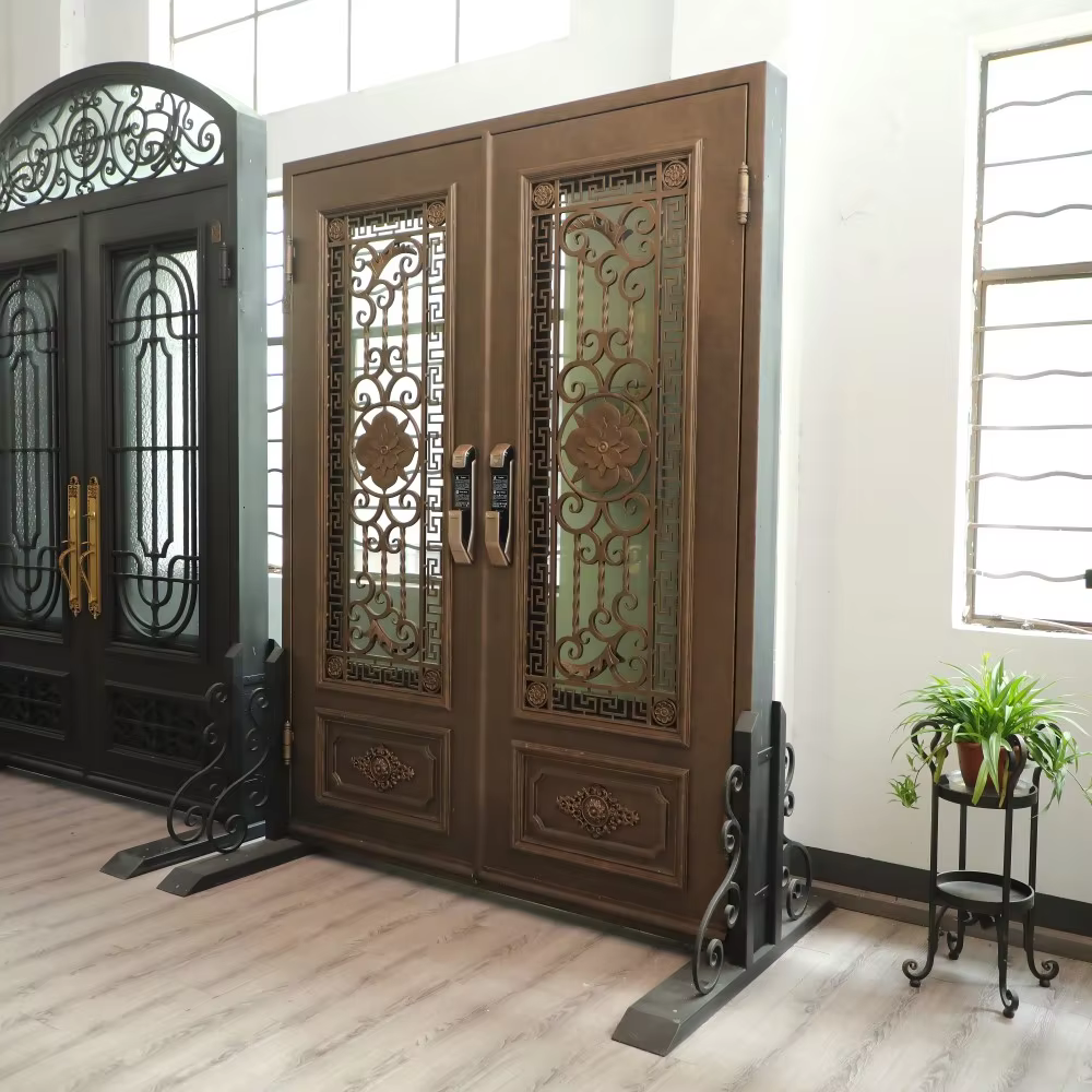 Modern Anti-Theft Fingerprint Lock Hand Forged Iron Entrance Door French Style Pattern Interior Villa Use Swing Wood Fiberglass supplier
