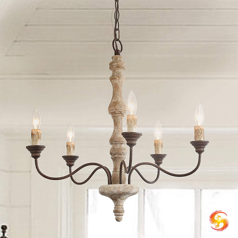 American Vintage Candelabra Jern Massiv Træ Lygtekron
