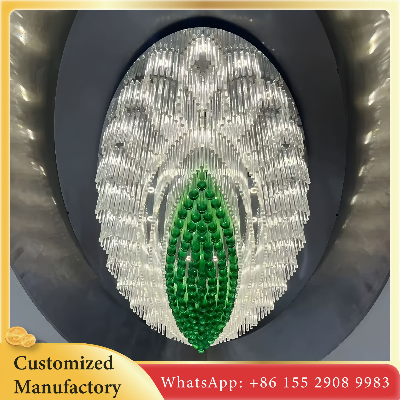 ثريّة أنبوبية زجاجية بلورية بيضوية - تصميم فني مع لمسات بلورية خضراء، مصدر ضوء LED، لأنارة بهو الفندق الفاخر والقاعة الكبيرة والمساكن عالية الجودة