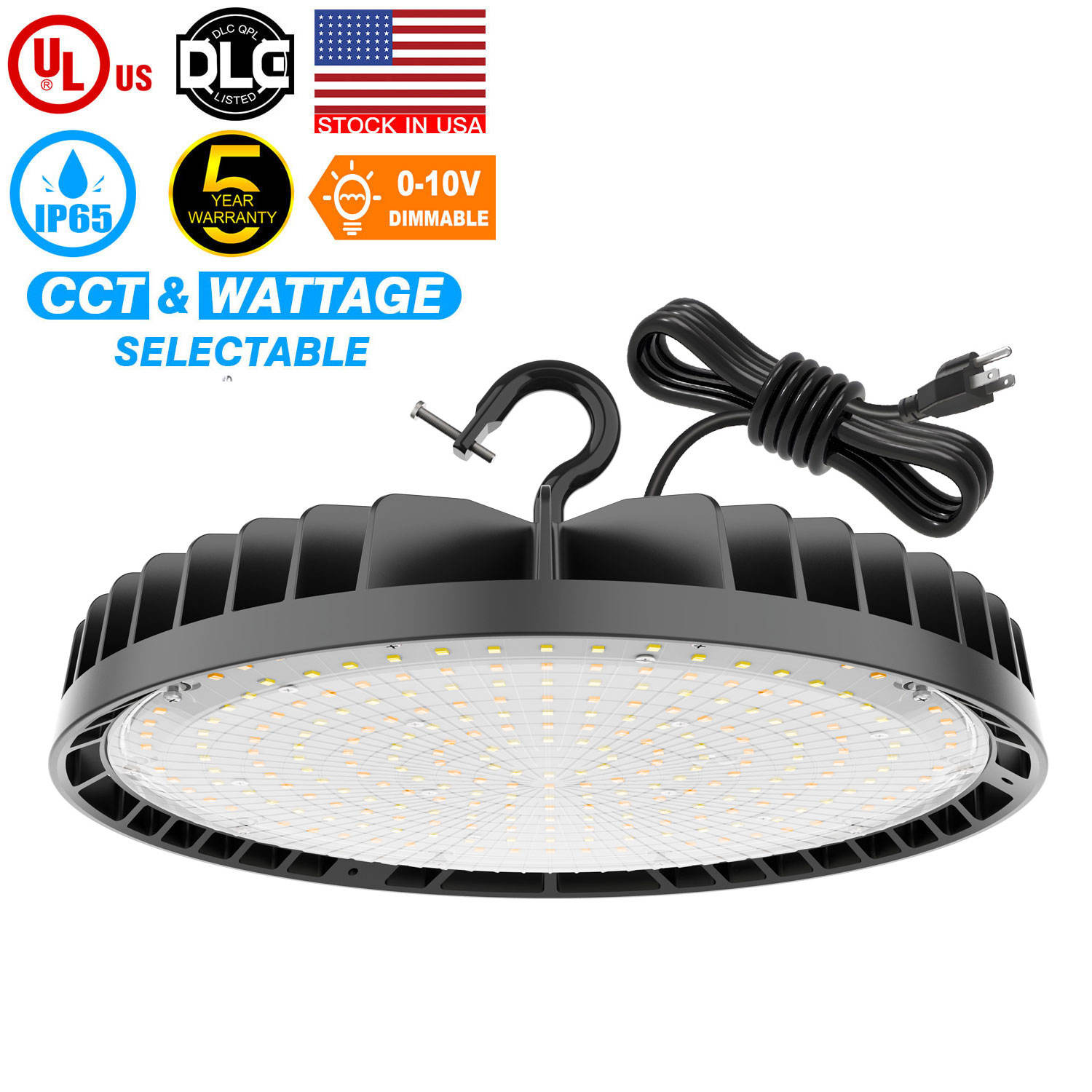 Lux Alta LED - 3 CCT (3000K-5000K) & 3 Regulabilis Potentiae, 0-10V Regulabilis, IP65 Impermeabilis, Certificata DLC & UL, ad Illuminationem Magazini et Industrialem, 5 Annorum Garantia