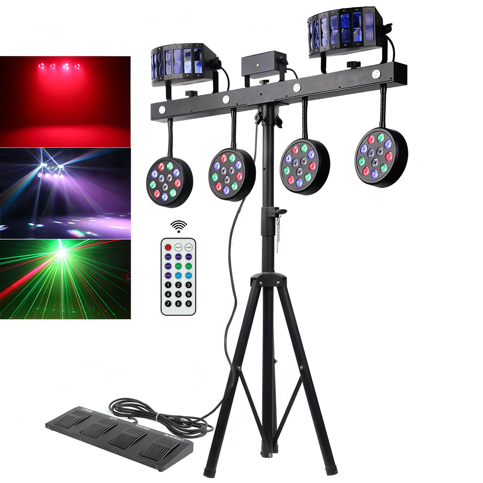 All-in-One DJ Lighting System - 4-in-1 LED Par, Laser, Strobe, Derby Light - DMX Control, Remote & Footswitch Included - Perfect for Party, Stage, Club, Event Lighting