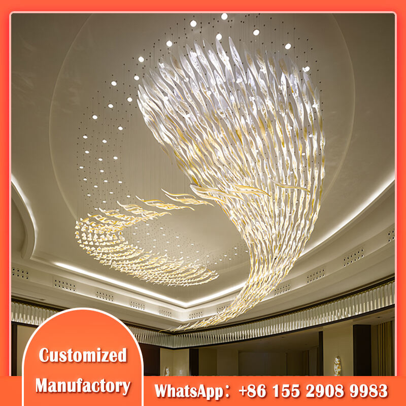 Lampadario LED a spirale artistico - Design tecnico personalizzabile, stile moderno con piume di cristallo, per hall di hotel di lusso, ballroom e location per eventi di alto livello, luce bianca calda