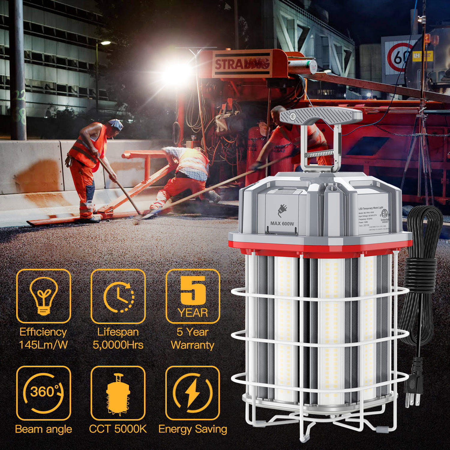 Lux Temporanea Operativa LED - Iunctibilis, Illuminatio 360°, Efficientia 145Lm/W, CCT 5000K, Ad Loca Constructionis et Officinas, Quinquennalis Praesidii