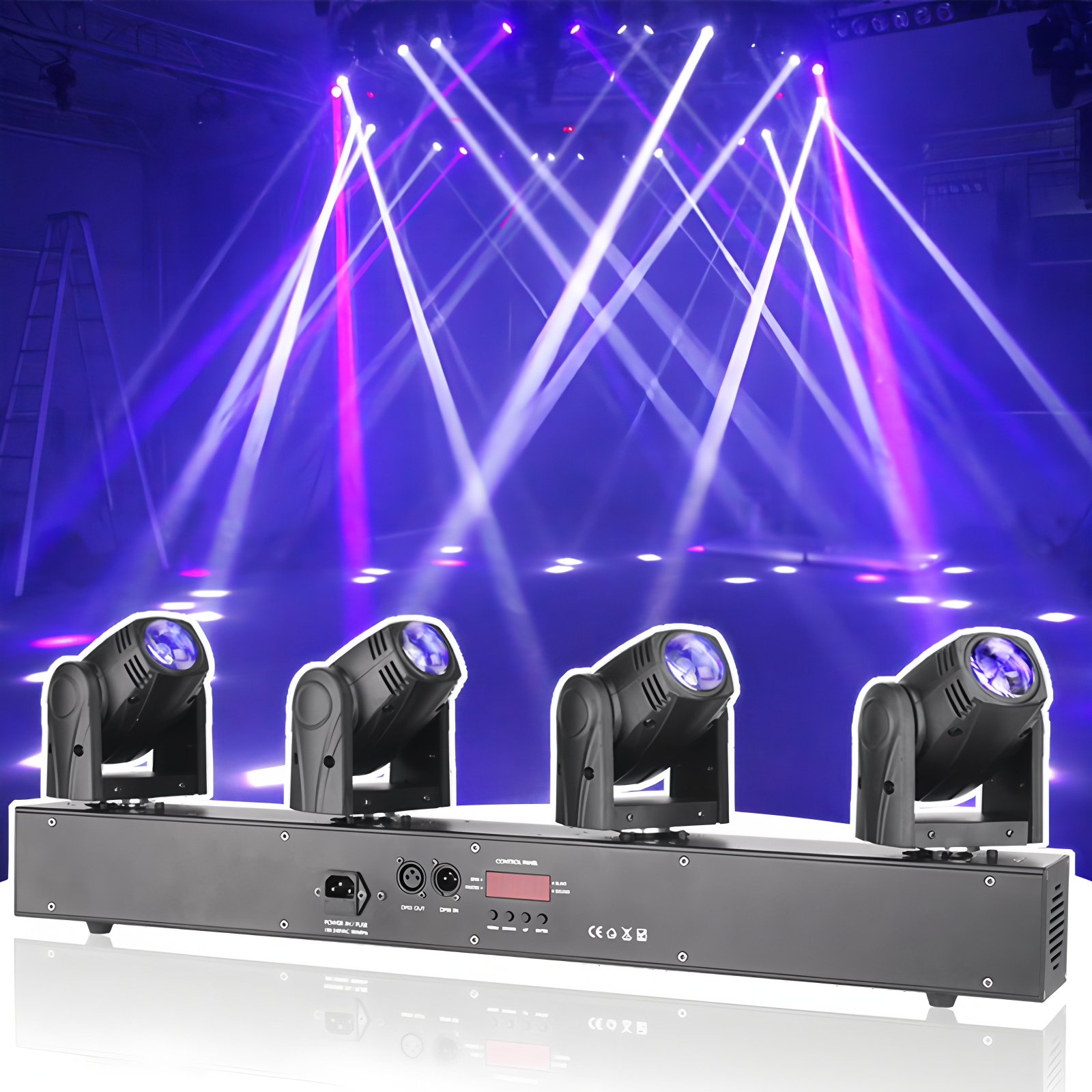 barra de luces LED con cabezas móviles de 4 unidades - Efecto de haz multicolor, control DMX - Ideal para iluminación de DJ, fiesta y escenario