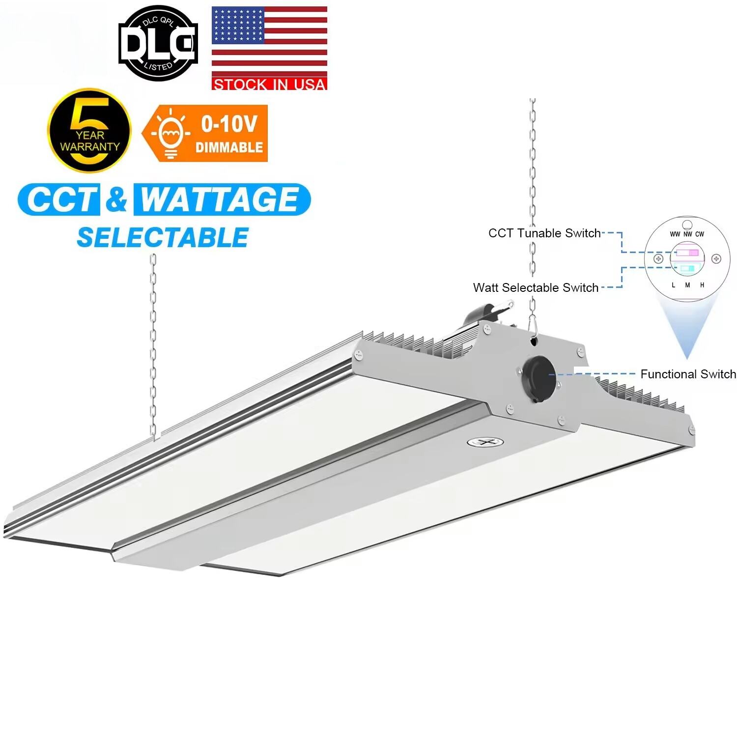 Lux Linearis Alta Nefana LED - CCT (3000K-5000K) et Vatio Regulabilis, 0-10V Attenuabilis, Certificata DLC, Ad Illuminationem Magazinorum et Industriarum, Quinquennalis Praesidii...
