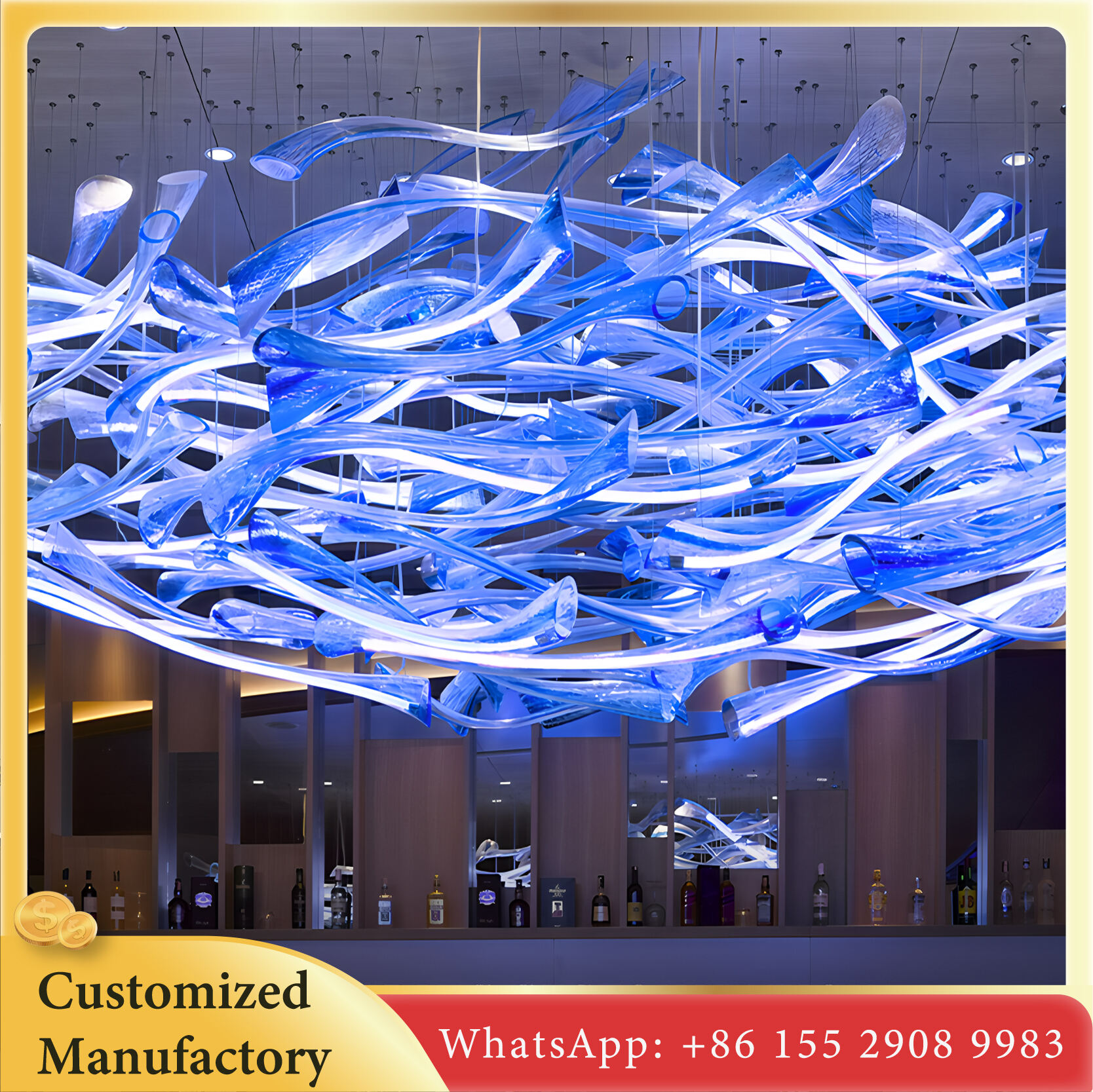 ثريّة رائعة باللون الأزرق مع مصابيح LED - تخصيص هندسي، تصميم فاخر حديث، مناسب لردهة الفندق وغرفة الولائم والمساحات السكنية الفاخرة، ضوء أبيض بارد تحرير مشاركة