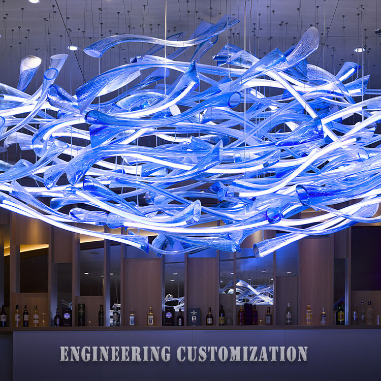 Gantung Biru Artistik LED - Kustomisasi Teknik, Desain Mewah Modern, untuk Lobi Hotel, Ballroom, dan Ruang Residensial Premium, Cahaya Putih Sejuk Sunting Bagikan
