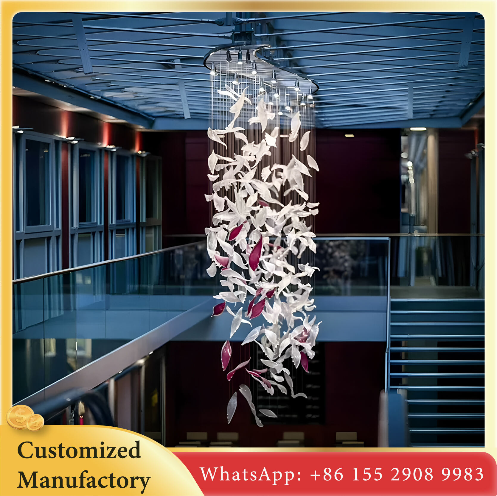 ثريّة رائعة على شكل ريشة مع مصابيح LED - تخصيص هندسي، تصميم فاخر حديث، مناسب لردهة الفندق وغرفة الولائم والمساحات السكنية الفاخرة، ضوء أبيض دافئ