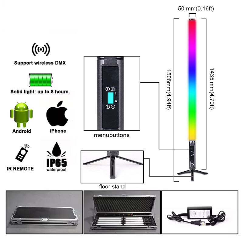 143cm RGB LED Tube Light - Battery-Powered, Wireless DMX, IP65 Waterproof - 8-Pack with Flight Case - Perfect for Stage, Event, Party, Architectural Lighting