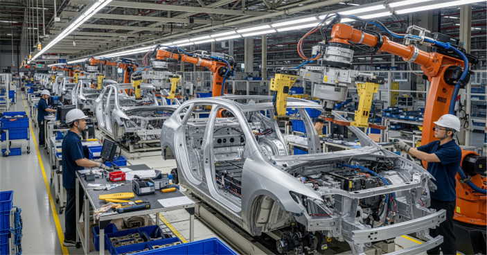 Electric vehicle production line with aluminum die cast parts in assembly