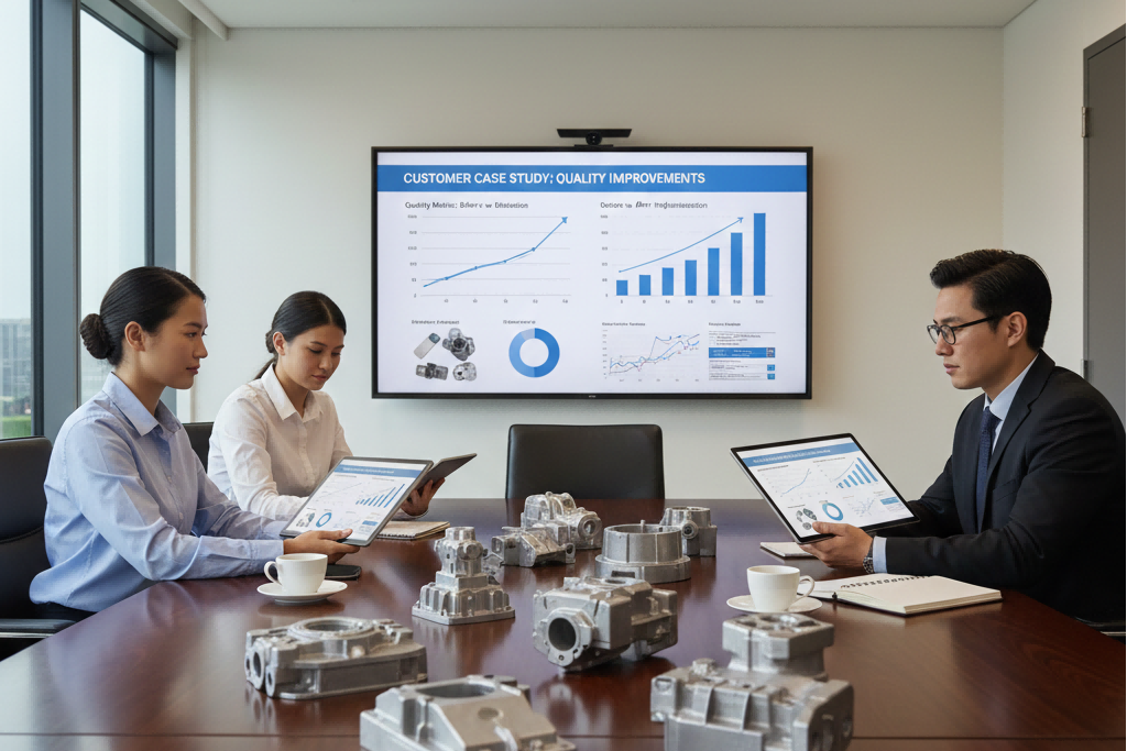 Engineering team reviewing customer case studies and performance data to validate aluminum casting supplier reliability