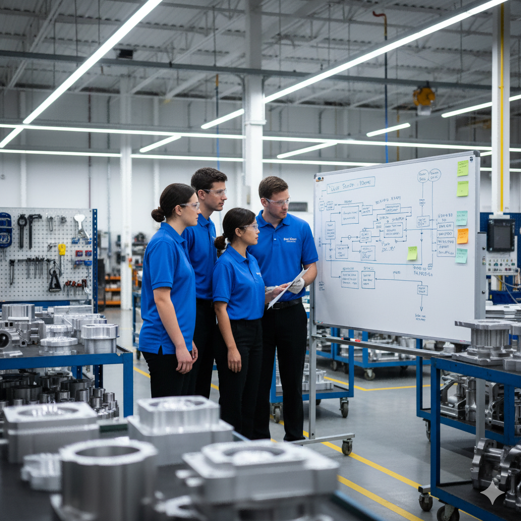 Lean manufacturing team applying value stream mapping in die casting facility