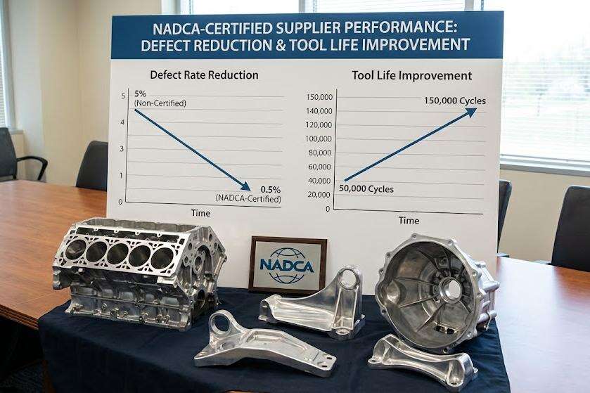 Comparison chart showing defect rate and tool life differences between NADCA-certified and non-certified die casting suppliers