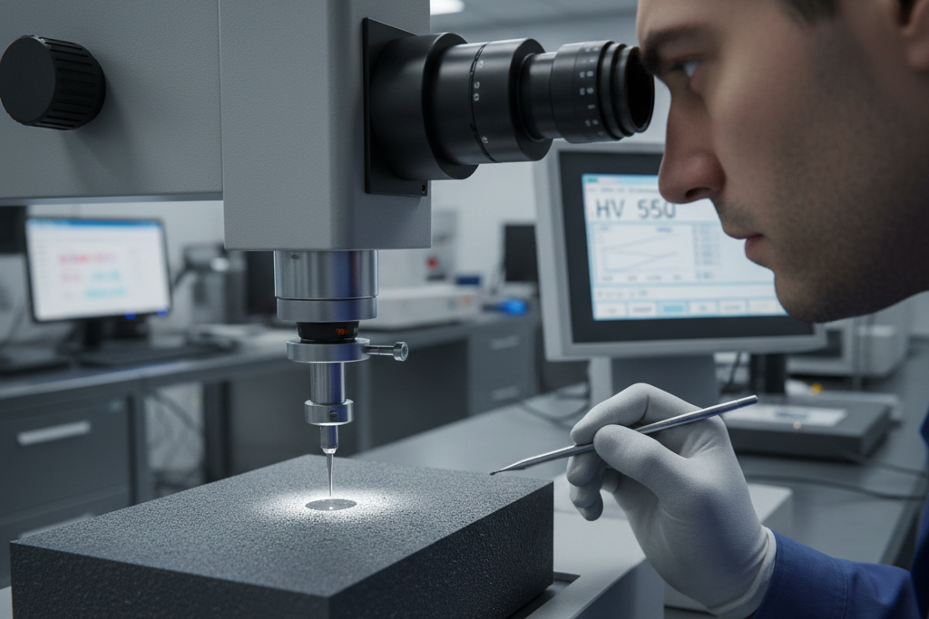 Hard coat anodized aluminum die cast components being tested for wear resistance and surface hardness