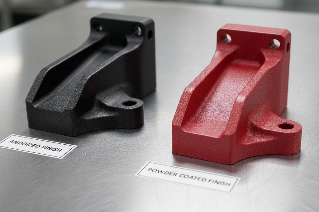 ADC12 aluminum die cast parts with anodized and powder coated finishes shown for durability comparison