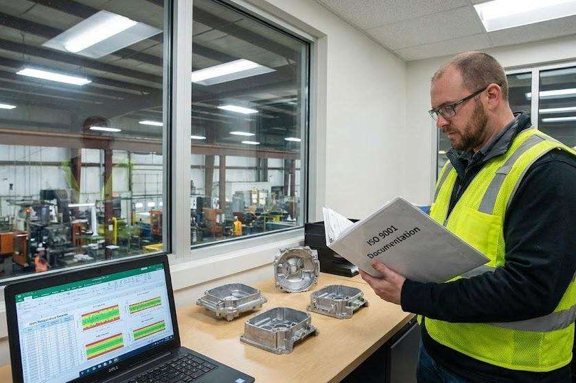 Quality engineer reviewing ISO 9001 workflow and SPC quality records for aluminum die casting production