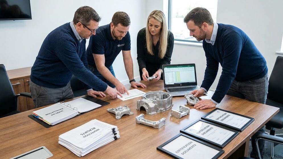 Engineering team evaluating aluminum casting supplier based on quality control, certifications, and production capability