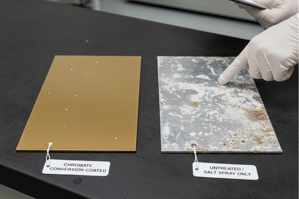 Chromate conversion coated aluminum die cast samples undergoing salt spray corrosion tests for corrosion resistance evaluation