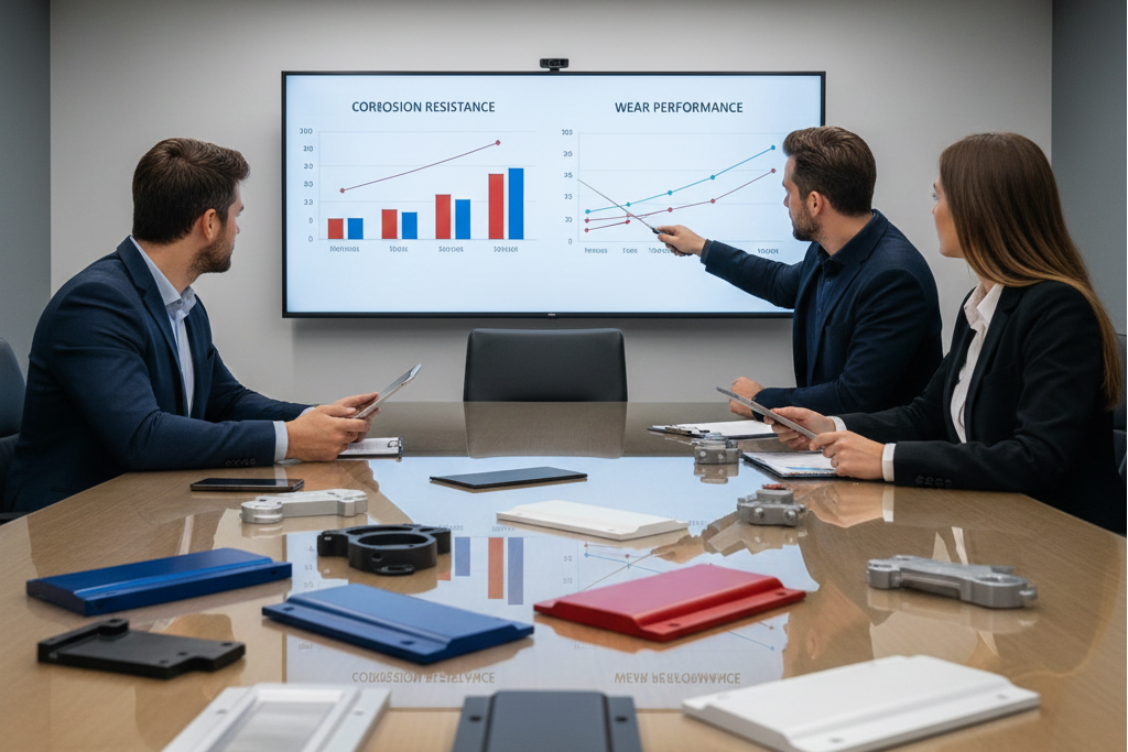 Engineering team evaluating anodizing, powder coating, and ceramic coating options for die cast part durability