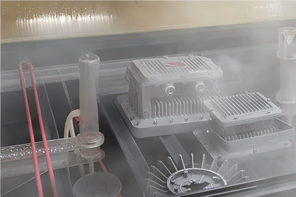 Automotive dashboard materials undergoing UV and thermal cycling tests in environmental chamber