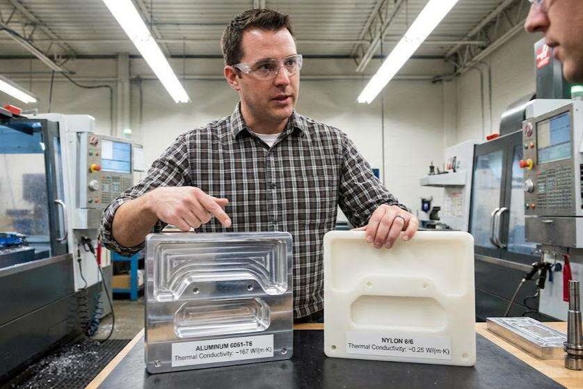 CNC machined aluminum and nylon prototypes compared for thermal and mechanical performance