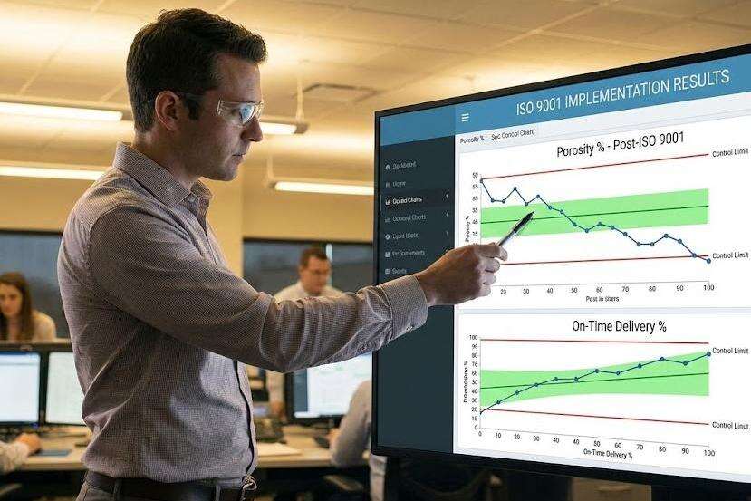 SPC charts showing reduced porosity rate and improved delivery performance after ISO 9001 implementation in die casting factory