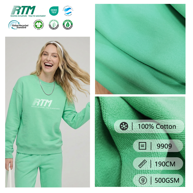 9909-OEM/ODM 10S 500 г/м² Устойчивая к сминанию, антистатическая, теплая трикотажная ткань из 100% чистого хлопка с рисунком «рыбья чешуя» для осенне-зимних толстовок