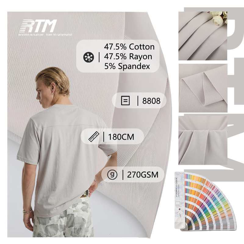 Low MOQ 270GSM Mediumweight Moisture-Absorbent Anti-Pill Anti-static Knitted Double-Sided Cotton Rayon Spandex Fabric For Long Sleeved T-shirt&Casual Wear