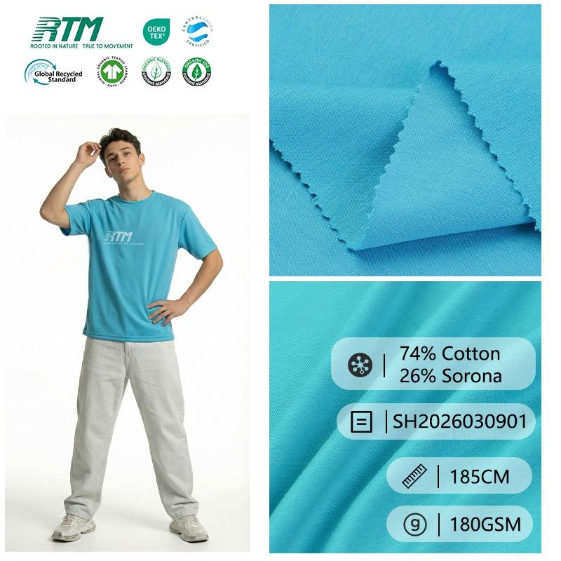 SH2026030901-China Factory 180GSM Cool Feeling Comfortable Soft Moisture-wicking Knitted 74%Cotton 26%Sorona Fabric for Spring/Summer Base Layers&T-shirts