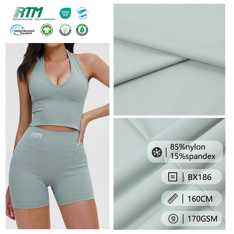 Оптово, на склад – лека трикотажна дишана мека тъкан срещу пилинг, 170 г/м², 85 % нейлон, 15 % спандекс, за йога и активни дрехи – легинси