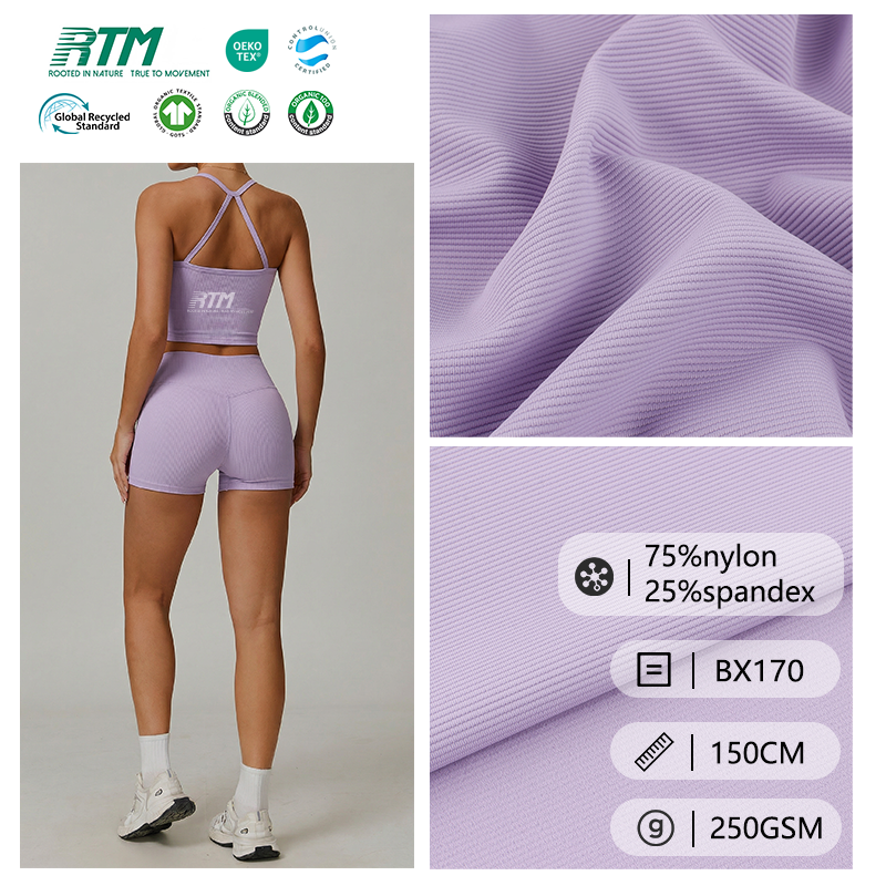 OEM/ODM 250GSM Medium weight Shrink-Resistant Abrasion-Resistant 75 Nylon 25 Spandex Knitted Rib Fabric For Spring and Summer Hot Girl Outfits Strappy Vest