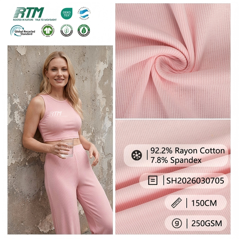 SH2026030705-Best Selling Soft Skin-Friendly Wrinkle Resistant 92.2%Rayon Cotton 7.8%Spandex Knitted 2x2 Rib Fabric for T-shirt Neckline Cuffs&Hem