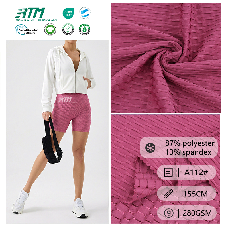 A112#-Svært elastisk og pustende stoff av 87 % polyester og 13 % spandex for treningsklær og yogabukser.