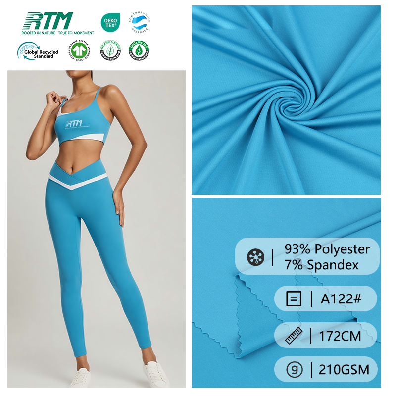 A122#-210 g/m² fuktavledende, pustende polyesterstoff med 4-veis-stretch, myk og behagelig, for yogaklær og sportsdrakt.