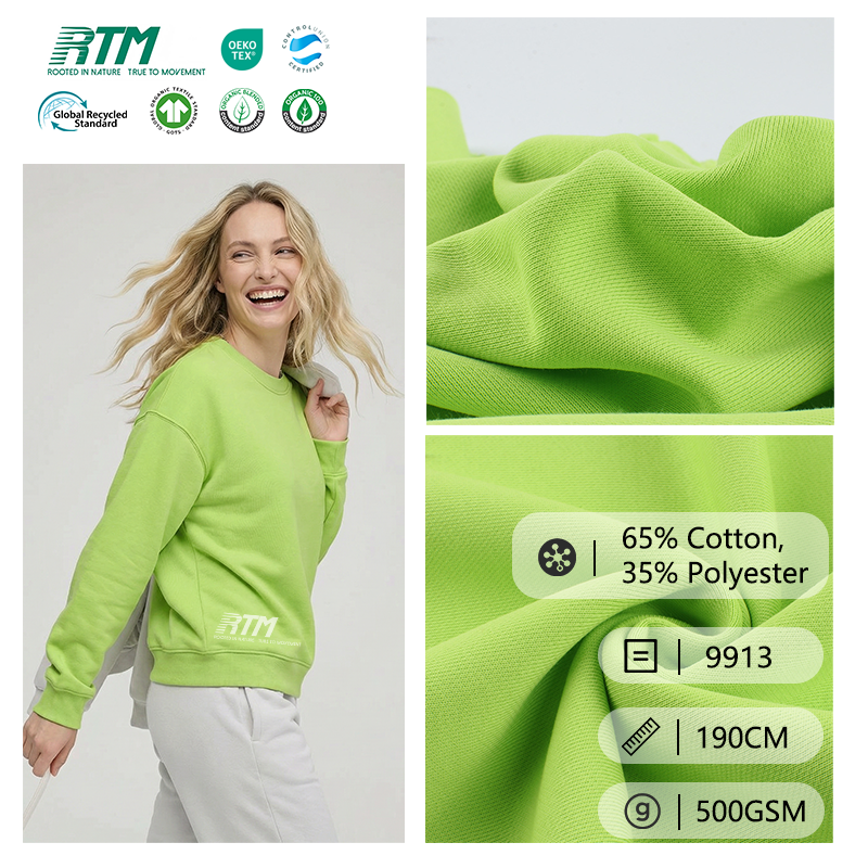 9913 — Быстрая доставка, трикотажная ткань из махры высокой плотности 500 г/м², гипоаллергенная, комфортная, антибактериальная, теплая, состав: 65 % хлопок, 35 % полиэстер, для модных толстовок с капюшоном и повседневной одежды на осень и зиму