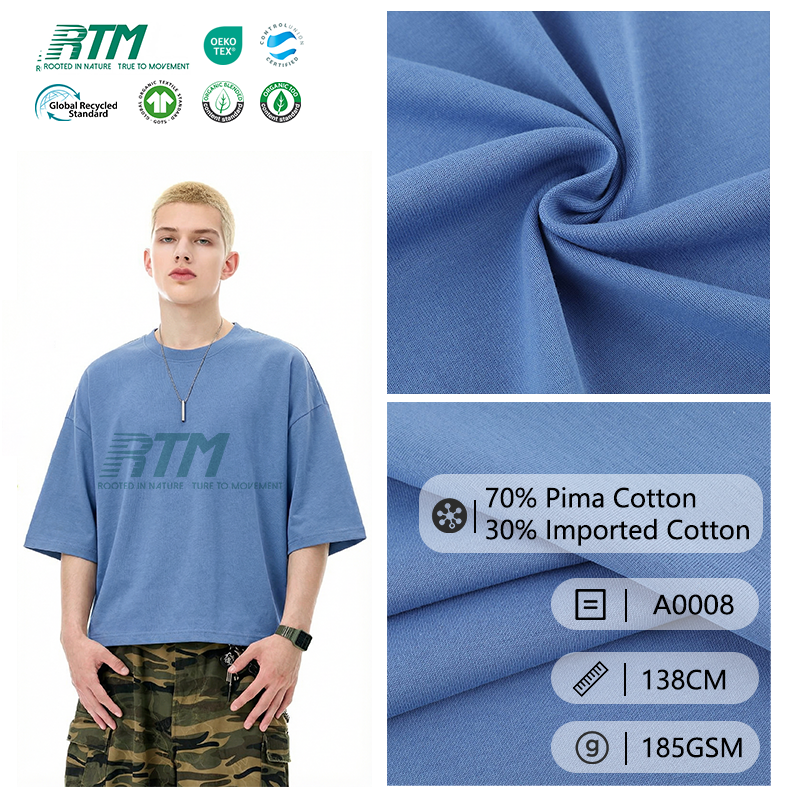 Ultra-Soft 185GSM Biodegradable Durable 70 Pima Cotton 30 Imported Cotton Ribbed Knit Fabric For Spring Summer T-Shirts 