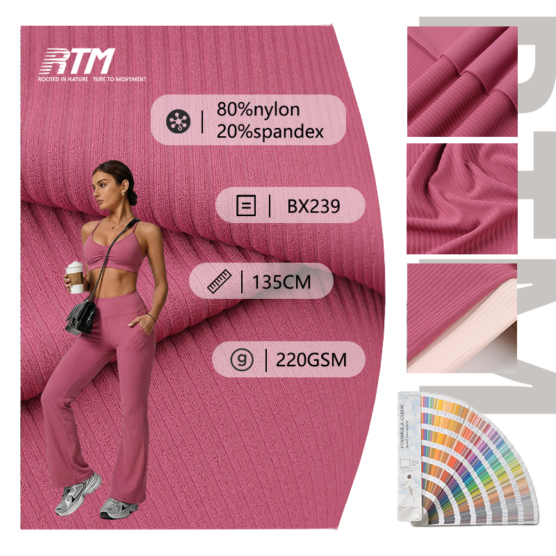BX239-Hot Sales 220GSM Mediumweight Soft Feeling Wrinkle Resistant Abrasion-Resistant Knitted 80% Nylon 20% Spandex Rib Fabric For Yoga Pants Yoga Wear