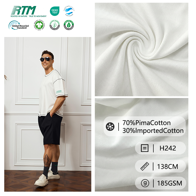 H242-Premium 185GSM Eco-Friendly Soft Comfortable Anti-Pilling Low Shrinkage Knitted 70%Pima Cotton 30%lmported Cotton Fabric for T-Shirts Loungewear