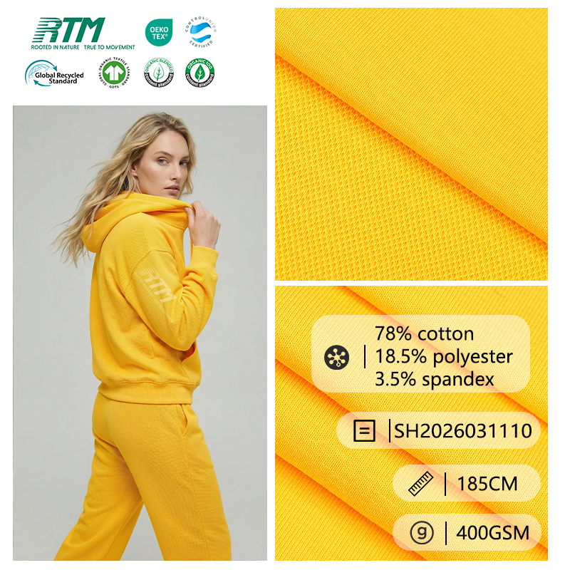 SH2026031110-400G Heavyweight High Elasticity Warm Skin-Friendly Knitted 78% Cotton 18.5% Polyester 3.5% Spandex Blend Pique Air Mesh Fabric for Winter T-Shirts Sweatshirts & Activewear
