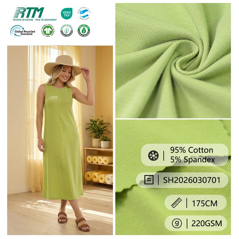 SH2026030701－卸売在庫品：220GSMの中厚手ニット生地、柔らかく快適でピリング防止・吸湿速乾性に優れた、綿95％・スパンデックス5％混紡の1×1リブ生地（ベースレイヤー・Tシャツ用）