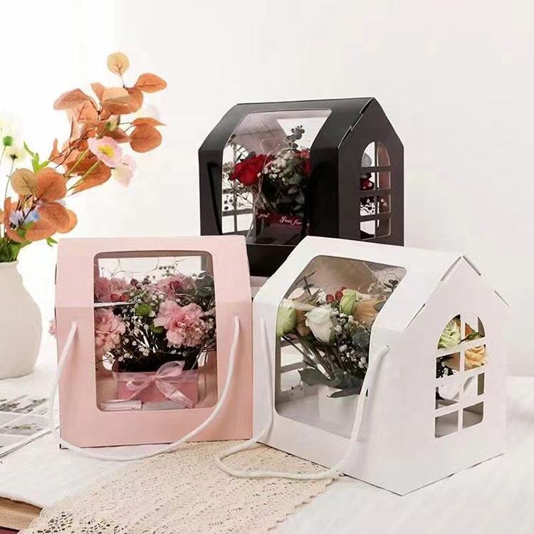 Wholesale Custom Luxury Flower Bag House Shape Box Packaging Bouquet Carrier Flower Bag with Handle