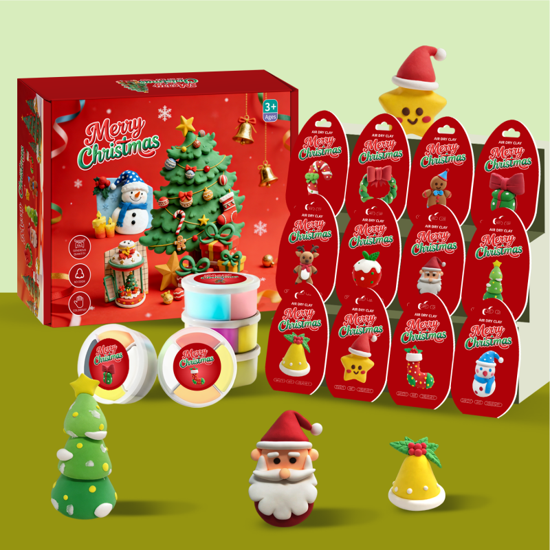Wholesale Christmas Custom Air Dry Clay Set 12 Festive Figures Non-Toxic Modelling Clay OEM Logo Packaging DIY Kids Craft Gift