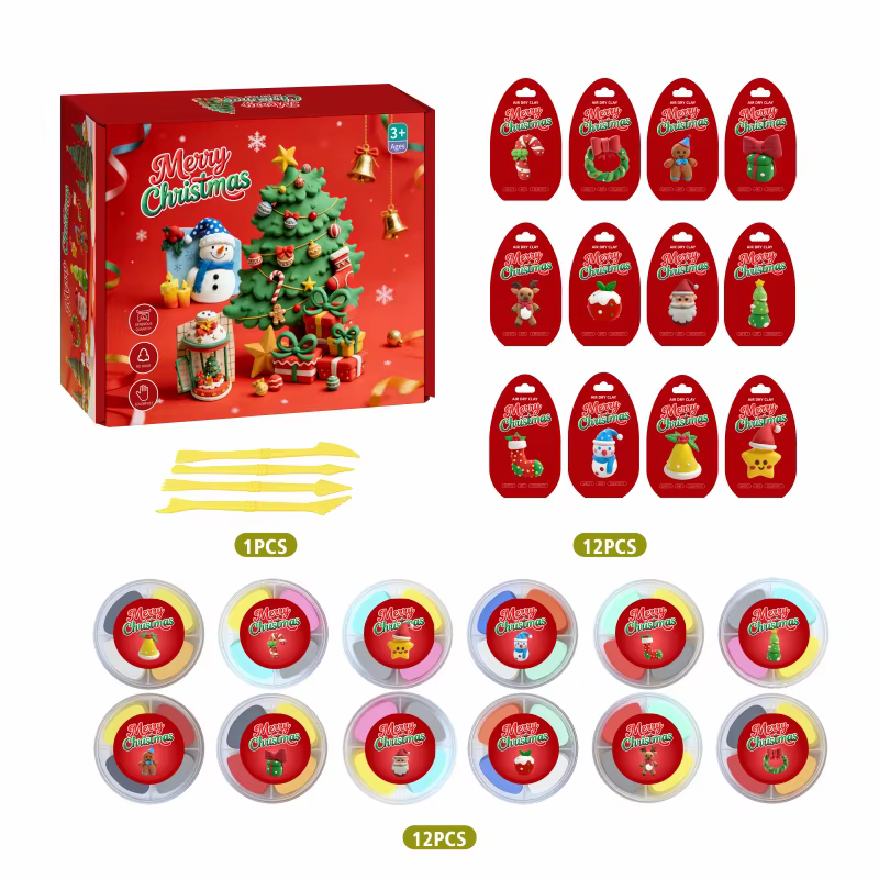 wholesale christmas custom air dry clay set 12 festive figures non toxic modelling clay oem logo packaging diy kids craft gift-3
